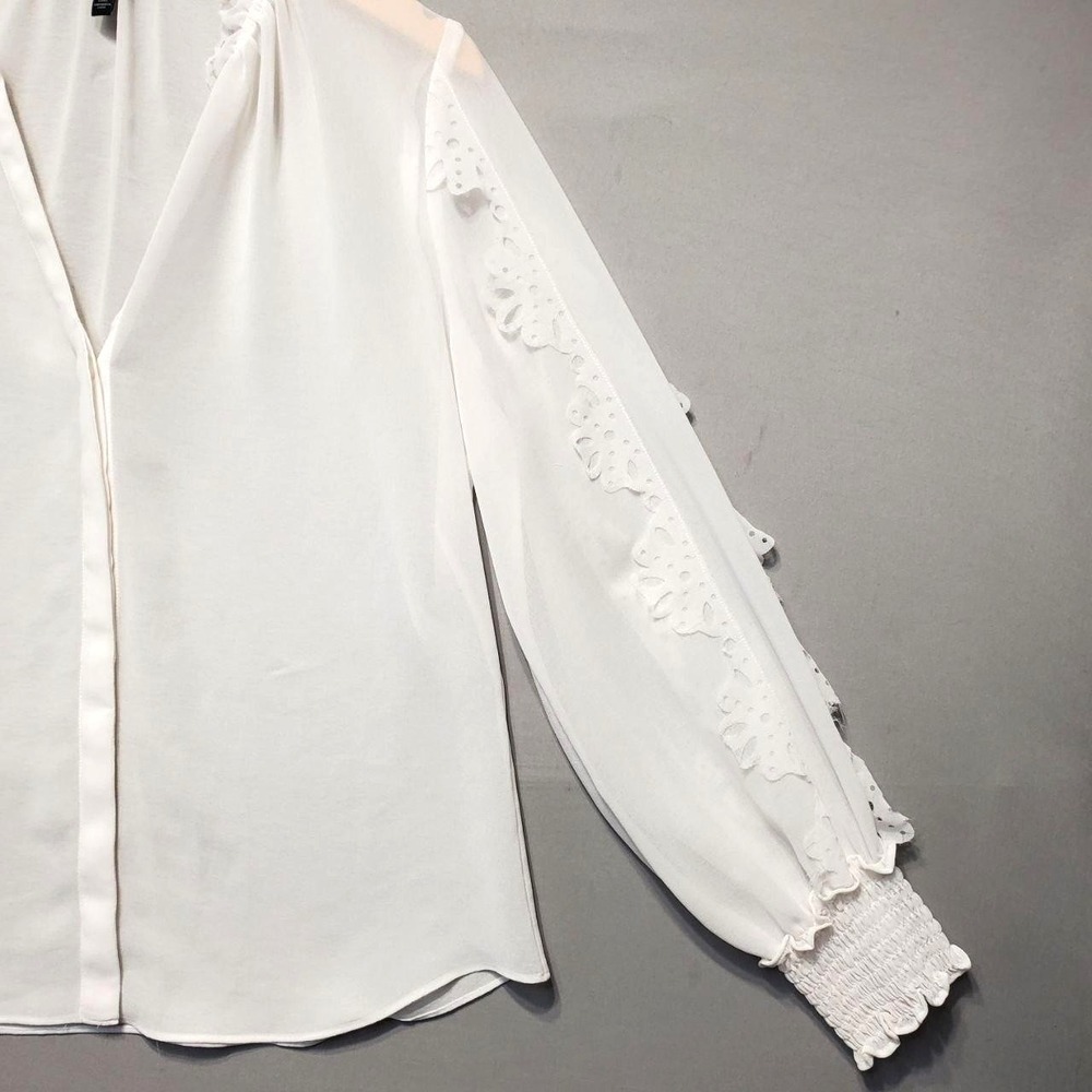 White House Black Market Sheer Ruffle Blouse Womens S White Chiffon Romantic - Picture 5 of 10